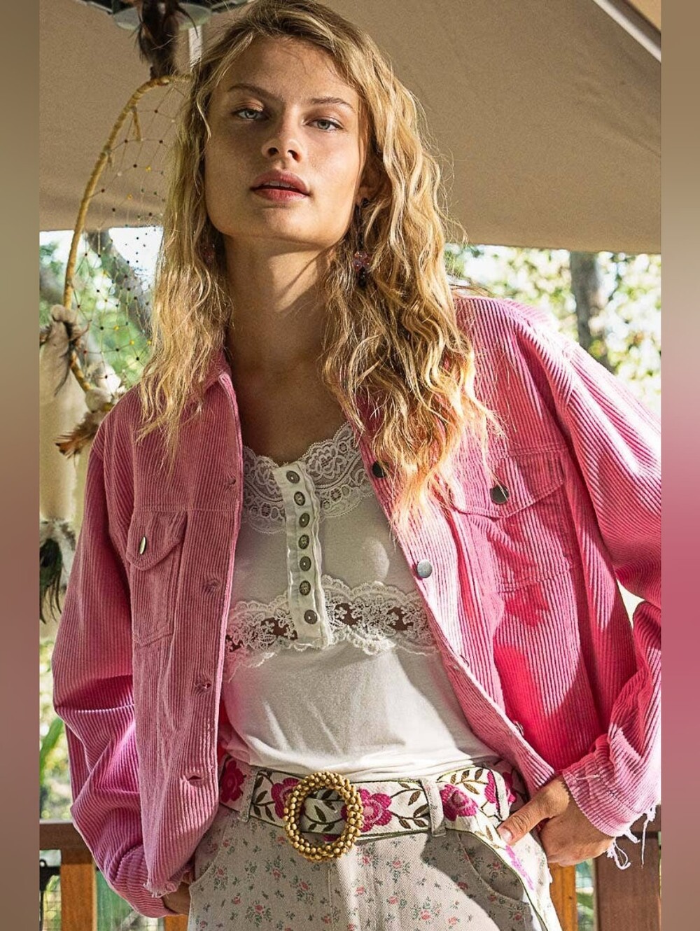 POL- Pink Corduroy Button-Up Jacket